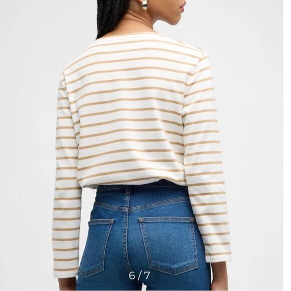 New VERONICA BEARD Hovey Striped Top Small Khaki / Off White Cotton - Picture 5 of 13